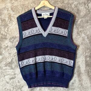 Vintage 80s Hunters Ridge Sweater Vest L Large Men's Blue Gray Purple Stripe